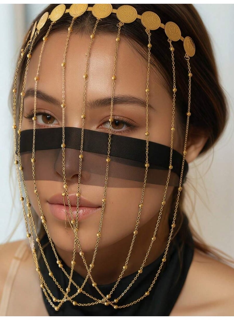 زينة يوم التأسيس السعودي طوق رأس نسائي ذهبي بسلاسل متدلية وتصميم عملات – إكسسوار فاخر لاحتفالات يوم التأسيس والمناسبات الخاصة - Image 1